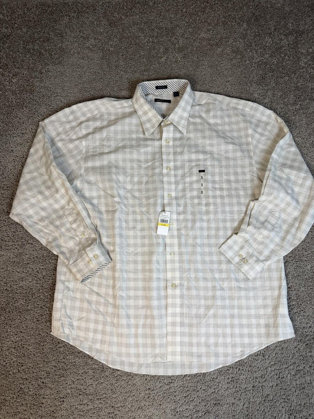 Van Heusen Studio Shirt Mens XL White Long Sleeve Button Up Plaid Wrinkle Free